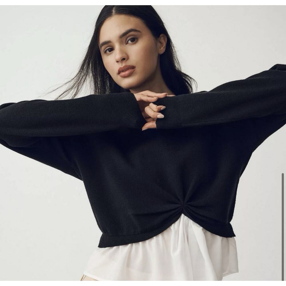 Maeve The Gemini Twofer Sweater Petite XS Black Twist Front Pullover